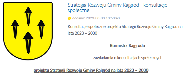 konsultacje społeczne nad projektem dokumentu: strategii rozwoju gminy rajgród na lata 2023 – 2030