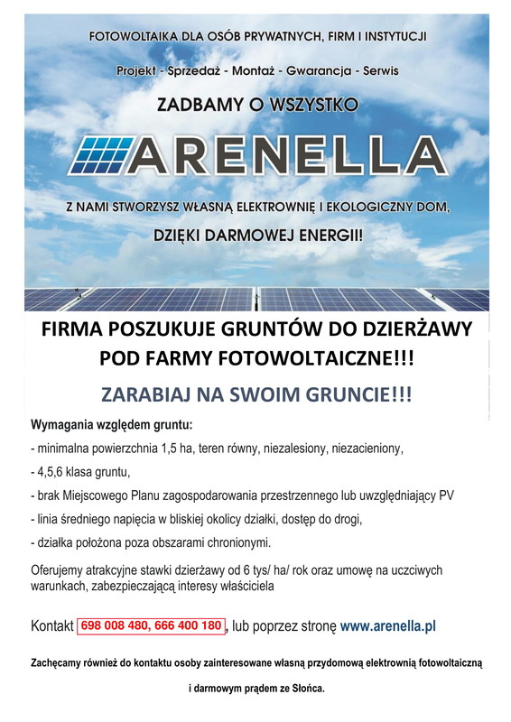arenella - firma poszukuje gruntów do dzierżawy pod farmy fotowoltaiczne