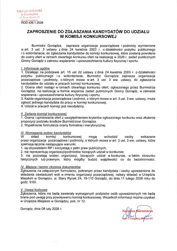 zaproszenie do zgłaszania kandydatów do udziału w w komisji konkursowej