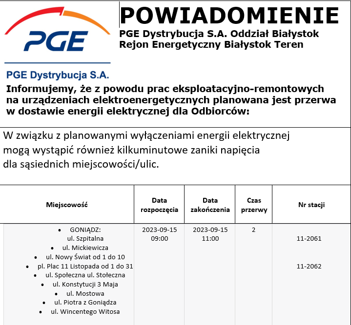 Informacja o przerwach w dostawie energii elektrycznej w gminie Goniądz