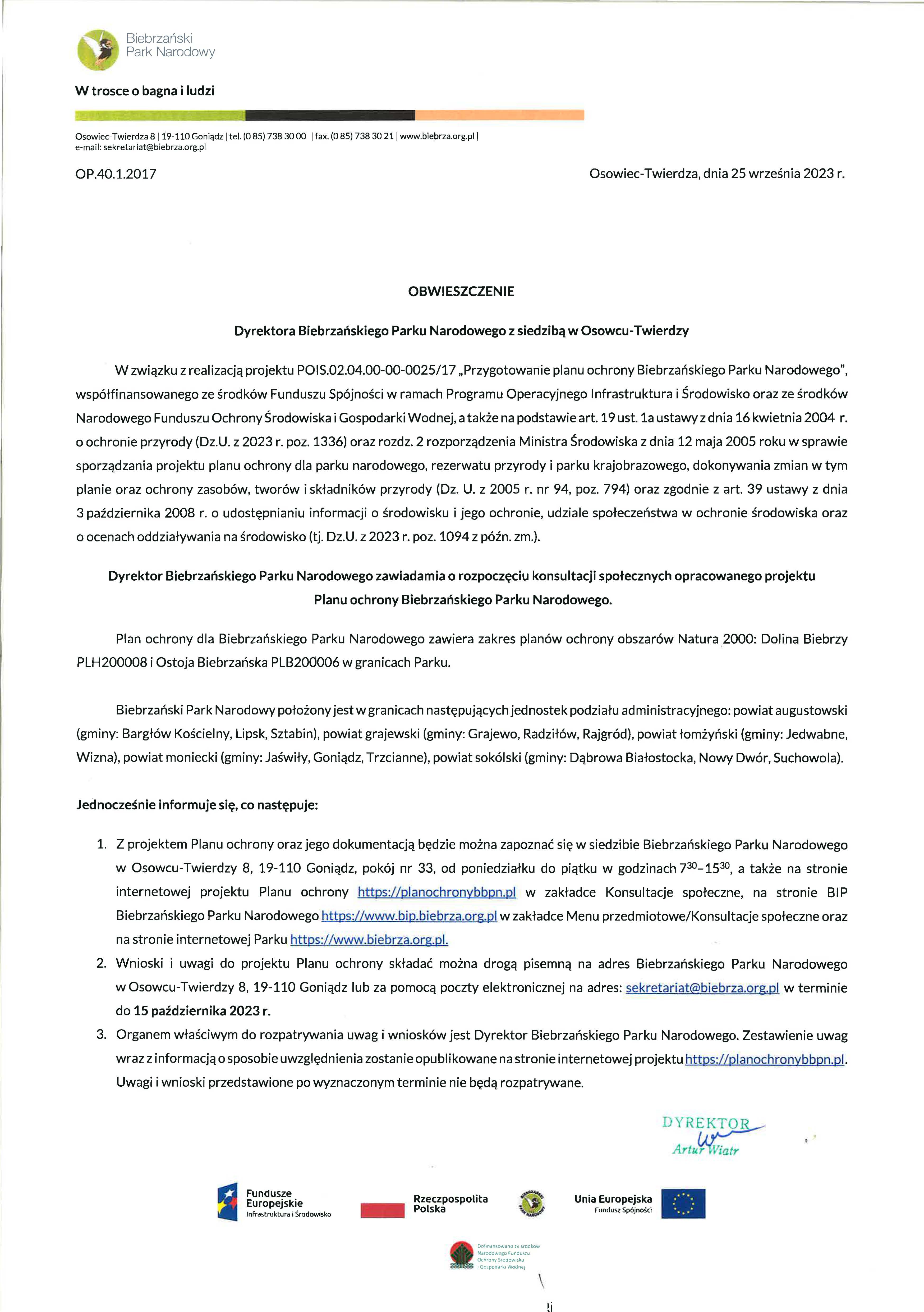 Obwieszczenie Dyrektora BbPN dot. pojektu "Przygotowanie planu ochrony Biebrzańskiego Parku Narodowego"