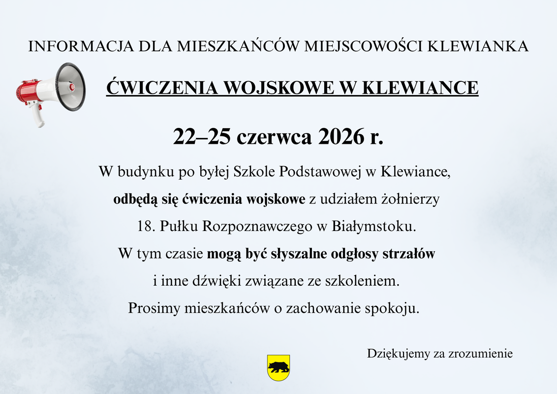  informacja dla mieszkańców ćwiczenia wojskowe w klewiance
