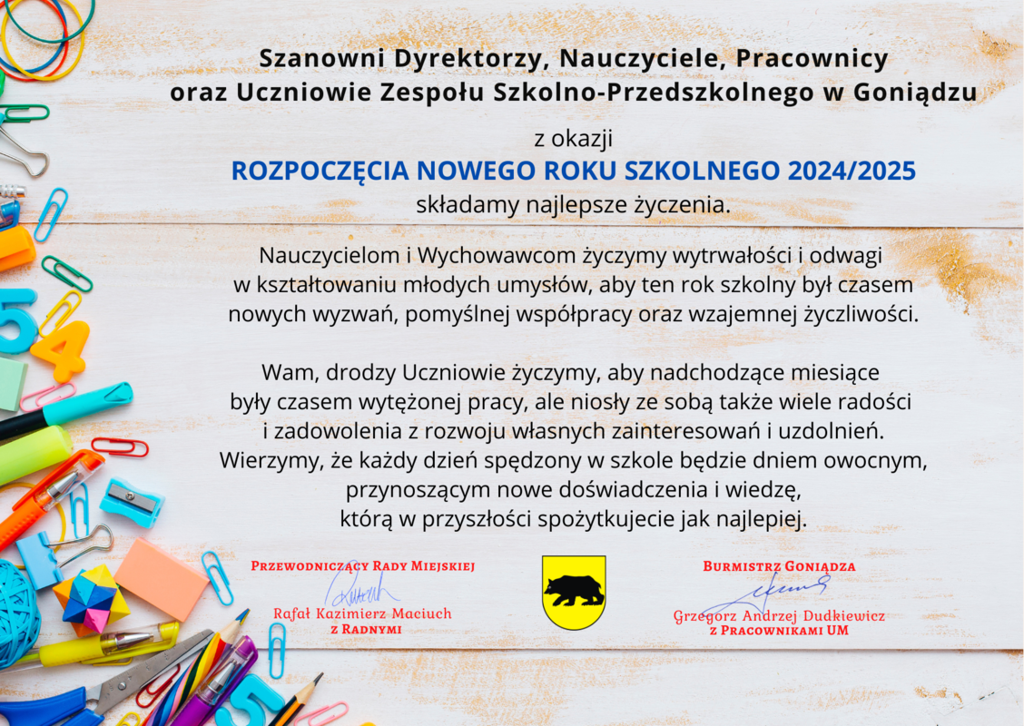 życzenia z okazji ropoczęcia roku szkolnego 2024/2025